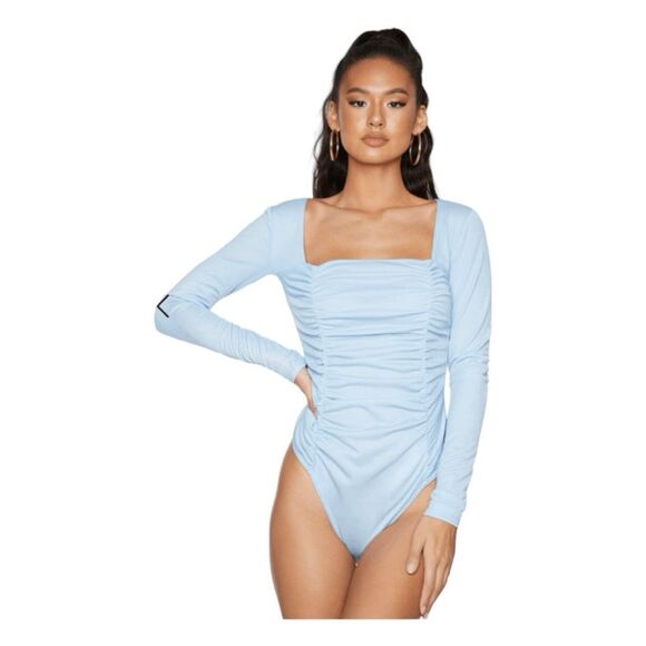 PrettyLitteThings Ruched Bodysuit Dusty Blue Long Sleeve Square Neckline 4 - Picture 1 of 9
